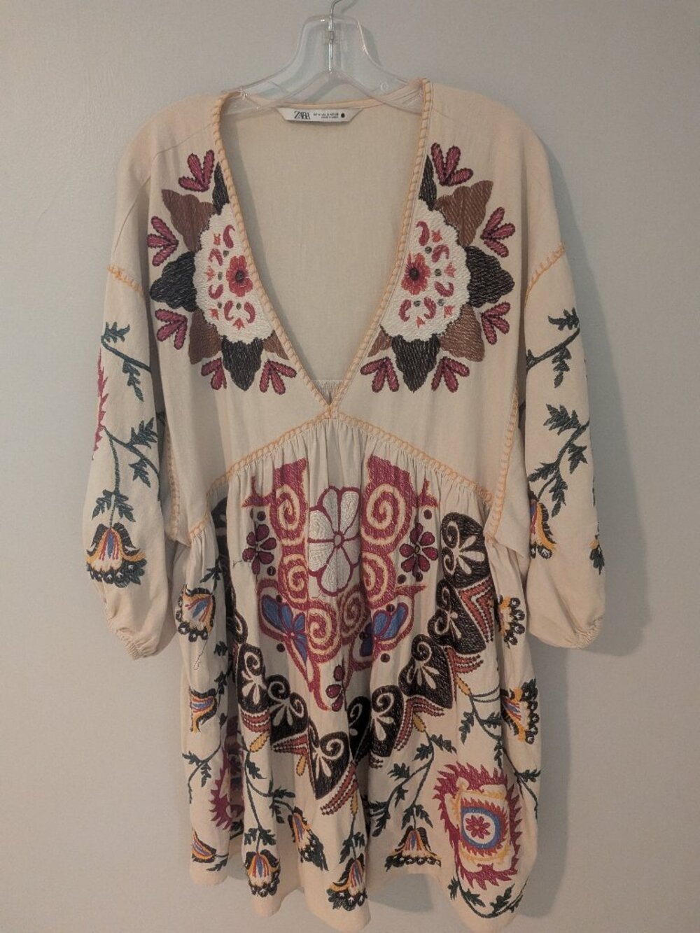 Zara Women's Floral Embroidered Cream Boho Mini Dress Tunic Size M
